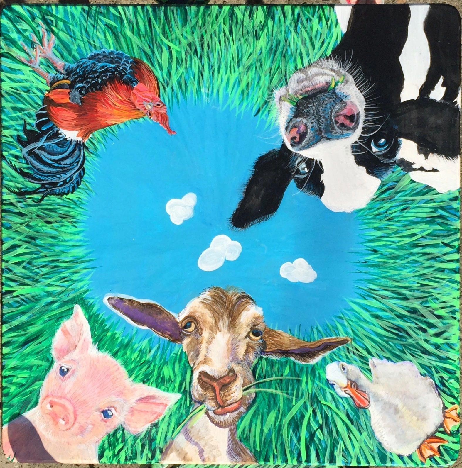 Farm animals looking down through a grass circle at the camera under a blue sky.