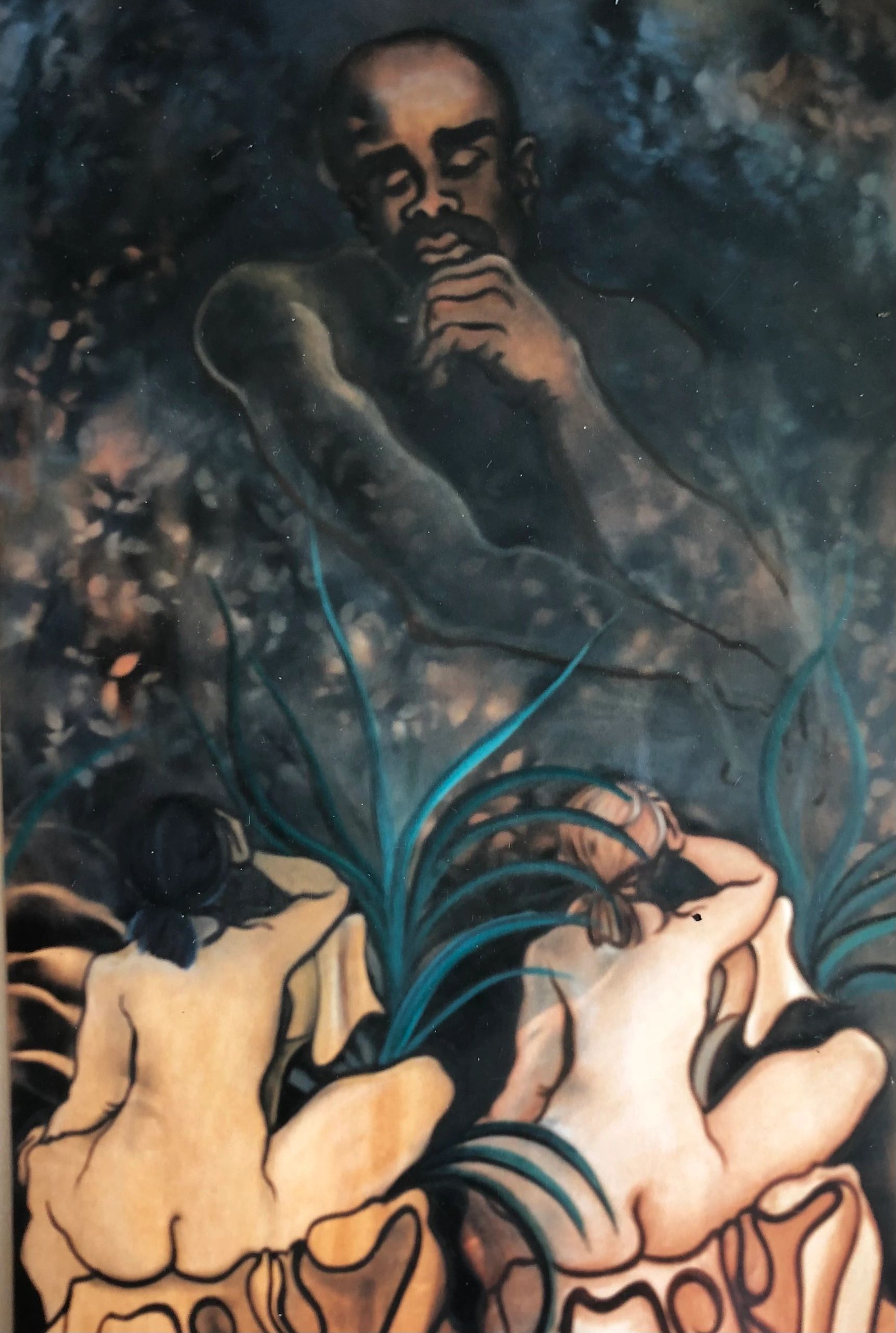 Two nude women sitting with a large contemplative figure in the background.