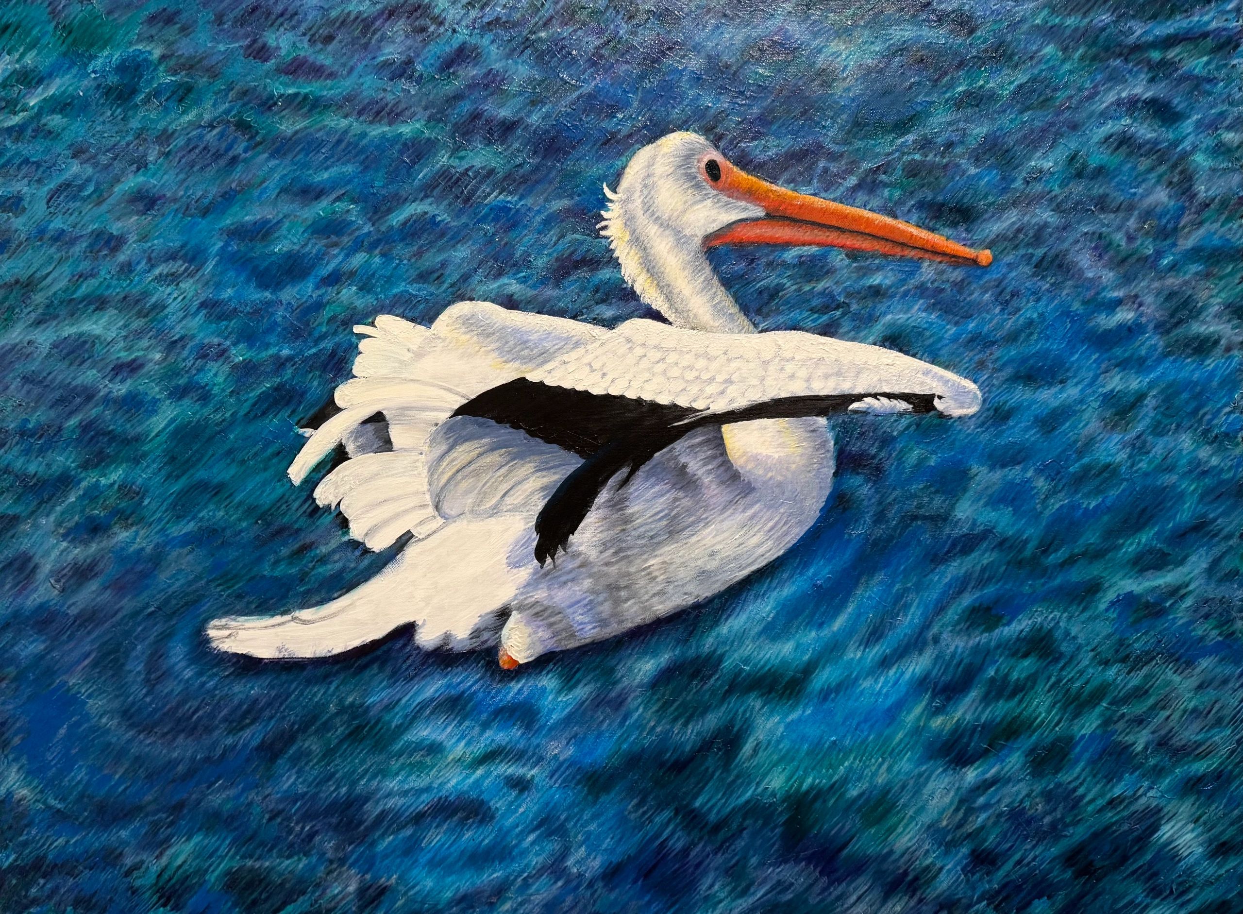 Painting of a white pelican flying over deep blue water.