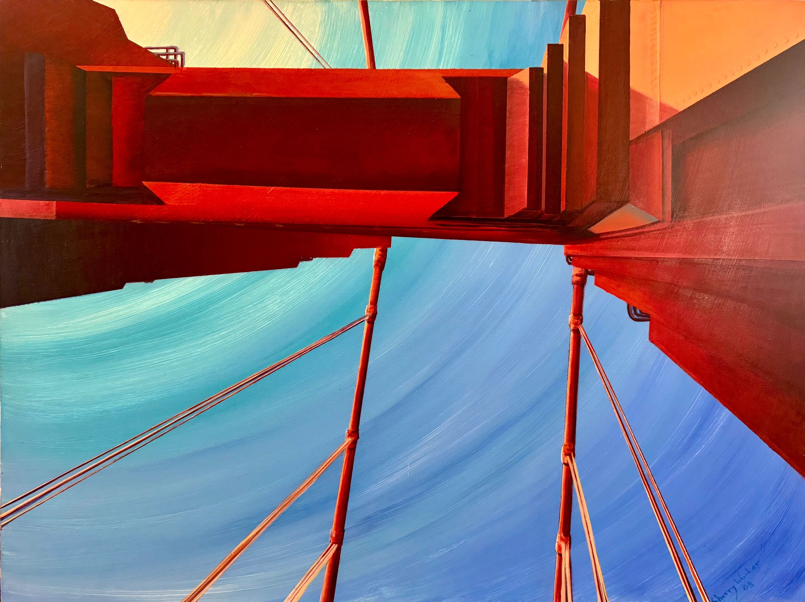 Upward view of a red suspension bridge against a swirling blue sky.