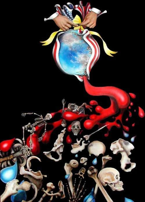 Hands squeezing Earth with blood and skeletons flowing out, symbolizing destruction.
