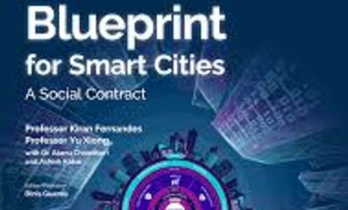 Blueprint for Smart Cities: A Social Contract cover with urban and tech graphics.