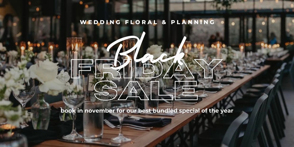 Elegant wedding table set with Black Friday sale offer.