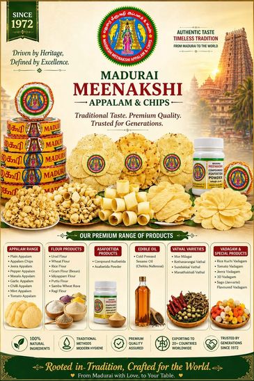 Madurai Meenakshi Appalam & Chips, traditional Indian snacks with premium quality since 1972.