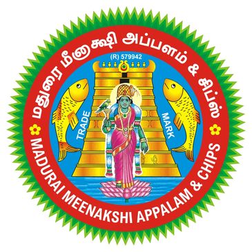 Logo of Madurai Meenakshi Appalam & Chips featuring a goddess and two fish.