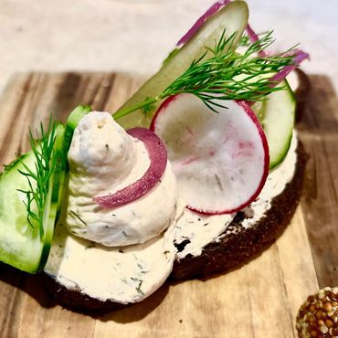 Salmon Mousse, pickled radish and cucumber, toasted rye, dill creme fraiche