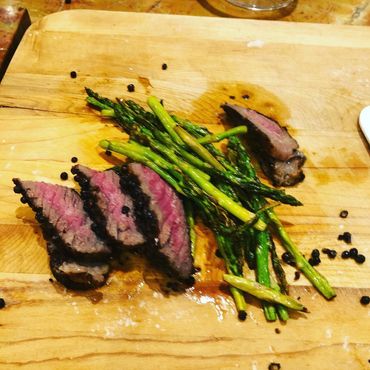 Pepper crusted NY steak and asparagus