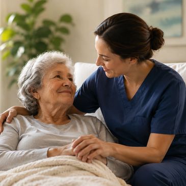 Nurse comforting elderly woman in bed.