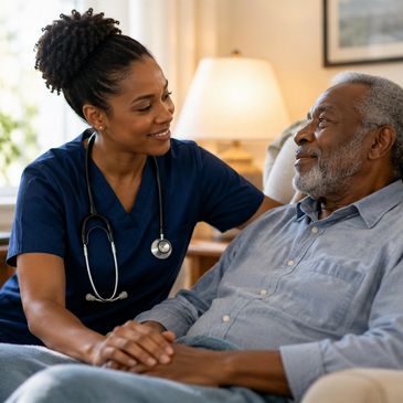 Nurse holding hands with an elderly man, smiling.