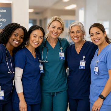 Group of diverse nurses smiling together in a hospital.