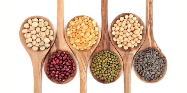 Wooden spoons filled with various colorful lentils and beans on a white background.