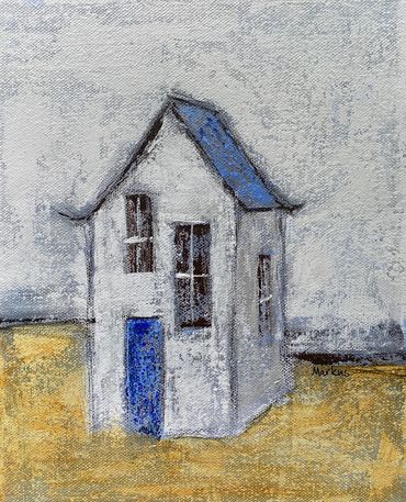 Happy Home, minimalistic painting, abstract of White House with blue door, Deana Markus, 