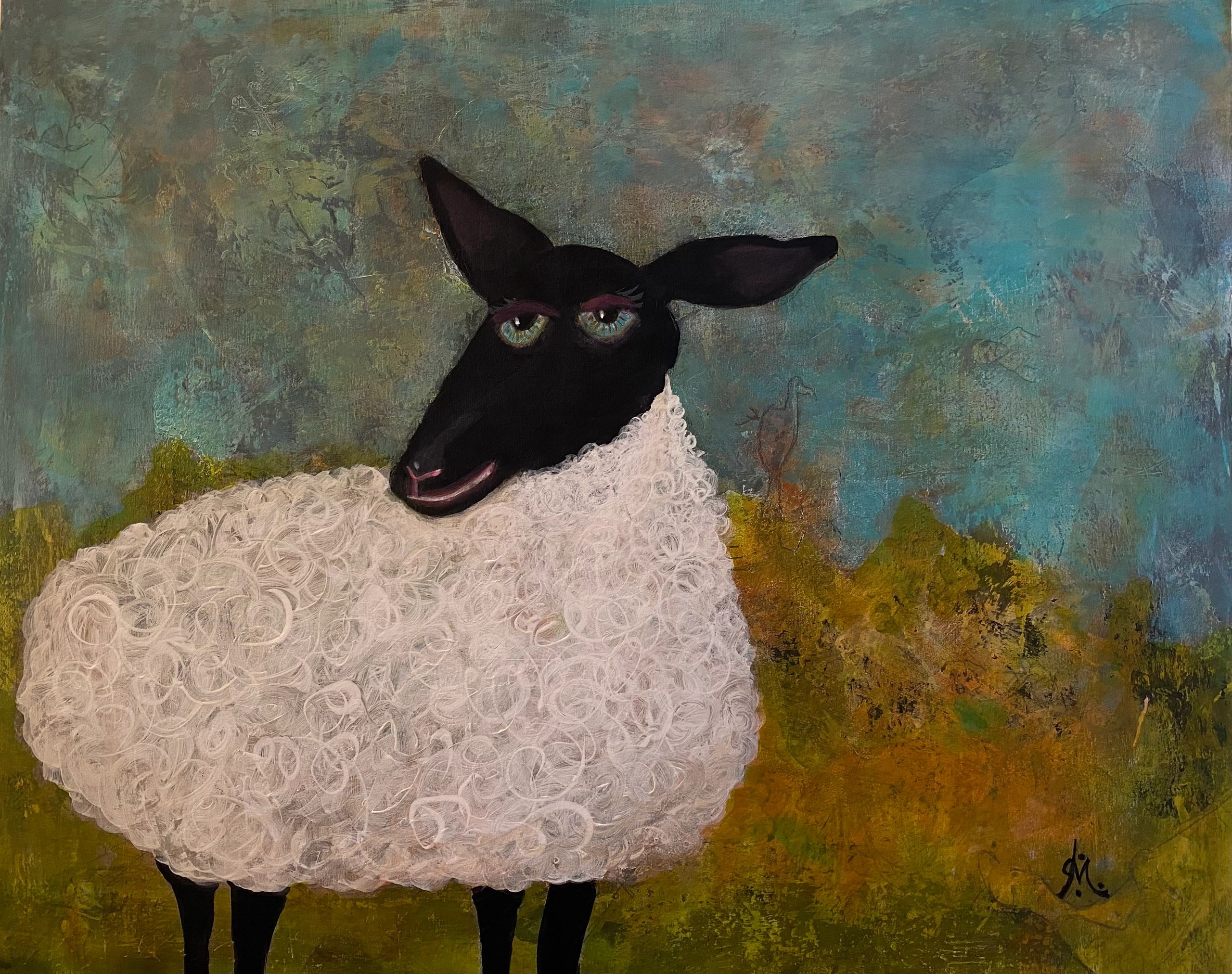 Three Bags Full, whimsical abstract of a black faced sheep, Deana Markus, fun, playful, acrylics pai