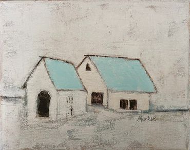 Winter Barns, white, teal, abstract, acrylic painting, two white barns, teal roofs, barn, building