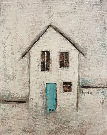 At Home, acrylic painting, white, teal, abstract, building, home, house, teal door, simple 