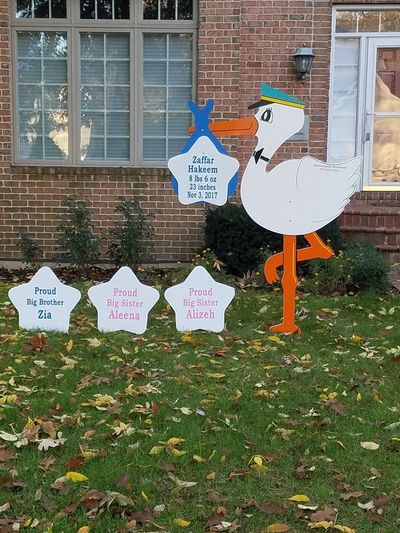Large 6 foot Stork sign rental baby announcement in front yard with baby name and birth information and proud big sister and proud big brother signs.