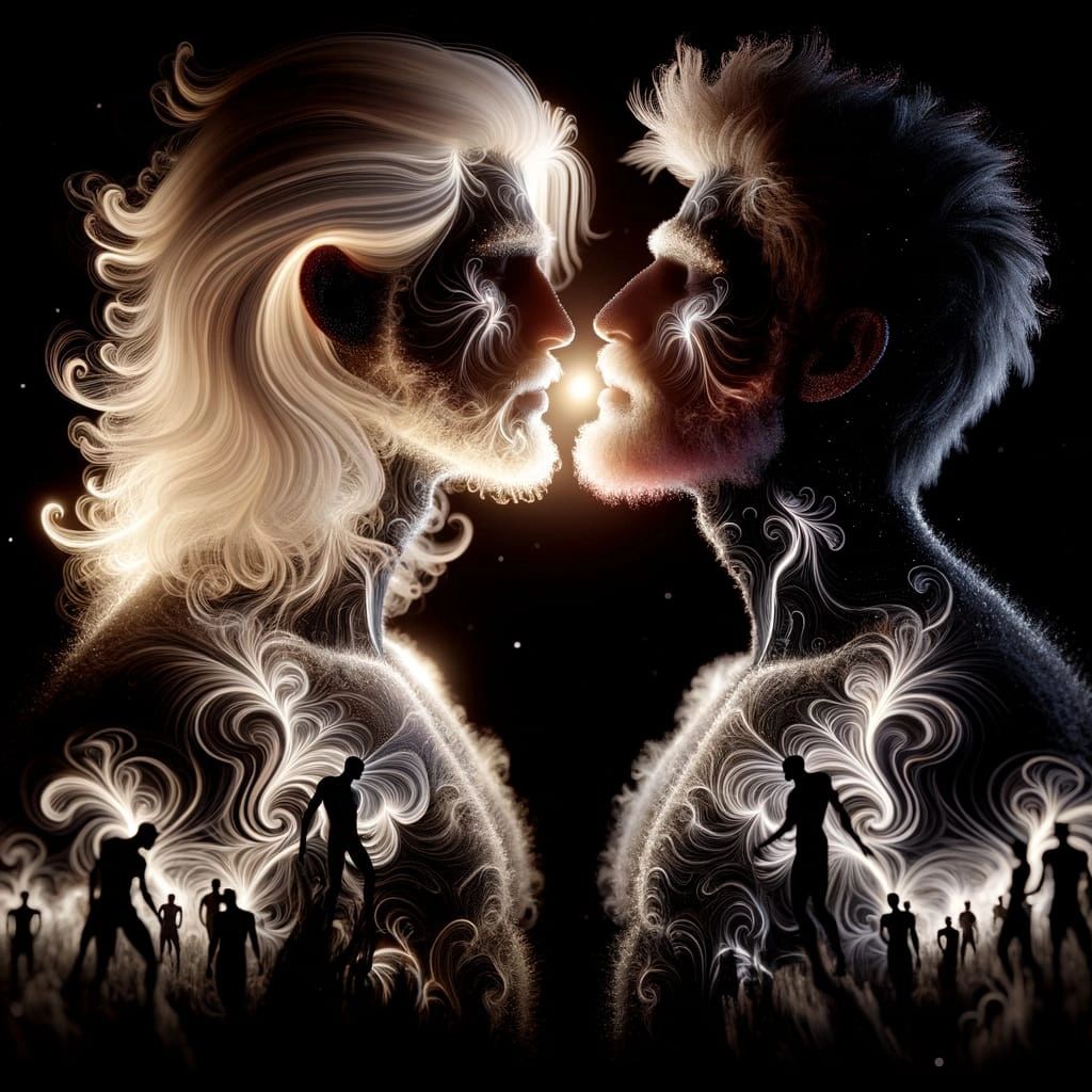 Two ethereal men facing each other surrounded by swirling patterns and silhouettes.