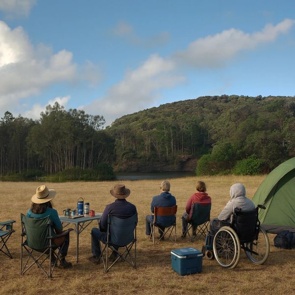 Group of people camping and enjoying nature by a lake with hills and trees.
