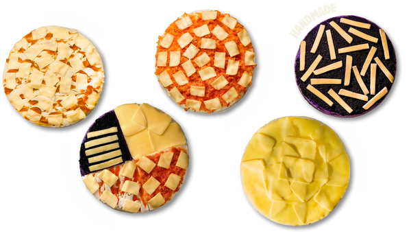 Five round cheesecakes with various toppings and descriptive labels on black.