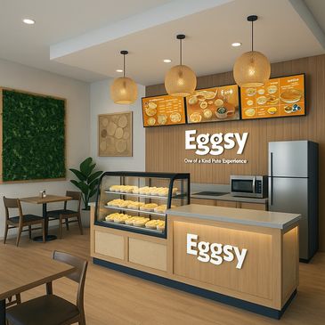 Modern bakery shop named Eggsy with pastries on display and warm lighting.