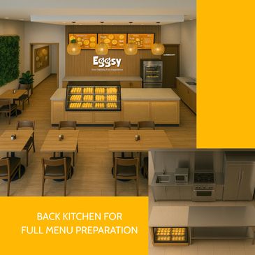 Modern bakery interior with seating and back kitchen setup.