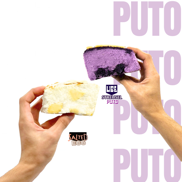 Hands holding salted egg and ube streusel puto against a patterned background.