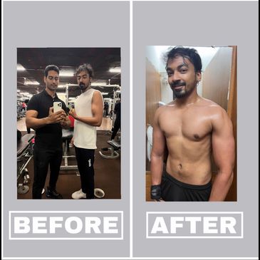 Before and after fitness transformation of a man showing muscle gain and improved physique.
