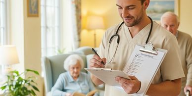 Nurse in a care home checking a patient's status on a clipboard.