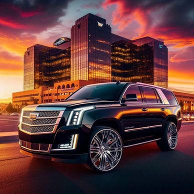 A black SUV with chrome rims sitting in front of a modern corporate building with a vibrant sunset. 