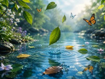 Butterflies flutter over a serene pond with rippling water and floating leaves.