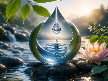 A water droplet inside a leaf-shaped glass sculpture with a river and lotus flower.