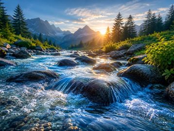 A serene mountain stream flowing through rocks at sunset.