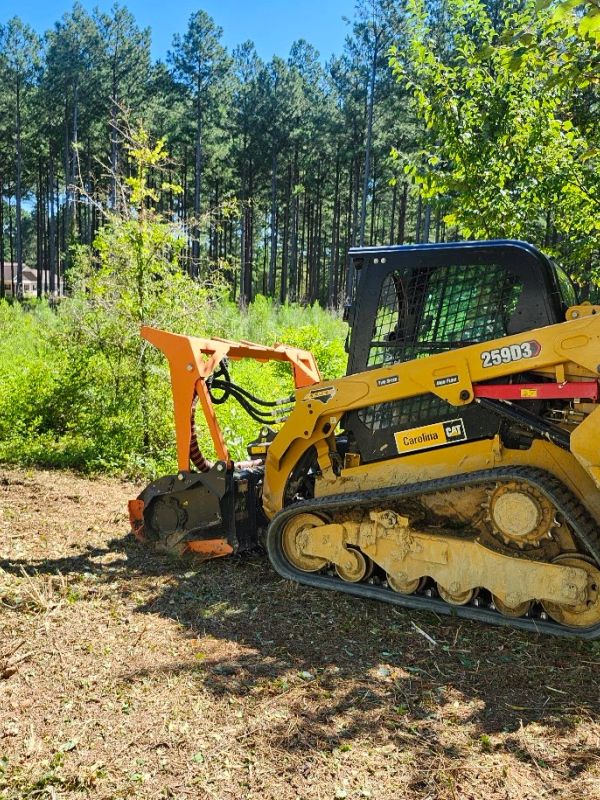 A tracked CAT machine clearing land in a forested area.
