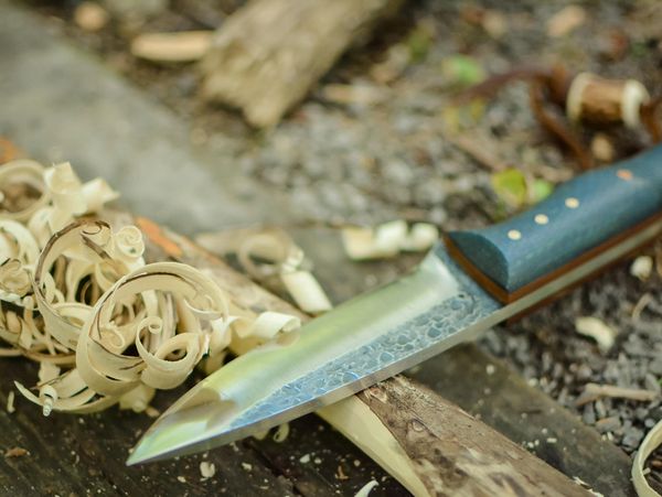 Close-up of a knife with wood shavings.