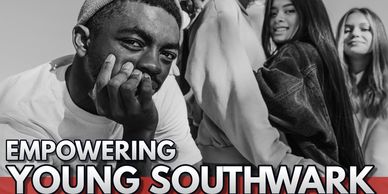 Empowered young people from Southwark posing confidently together in a black and white photo.