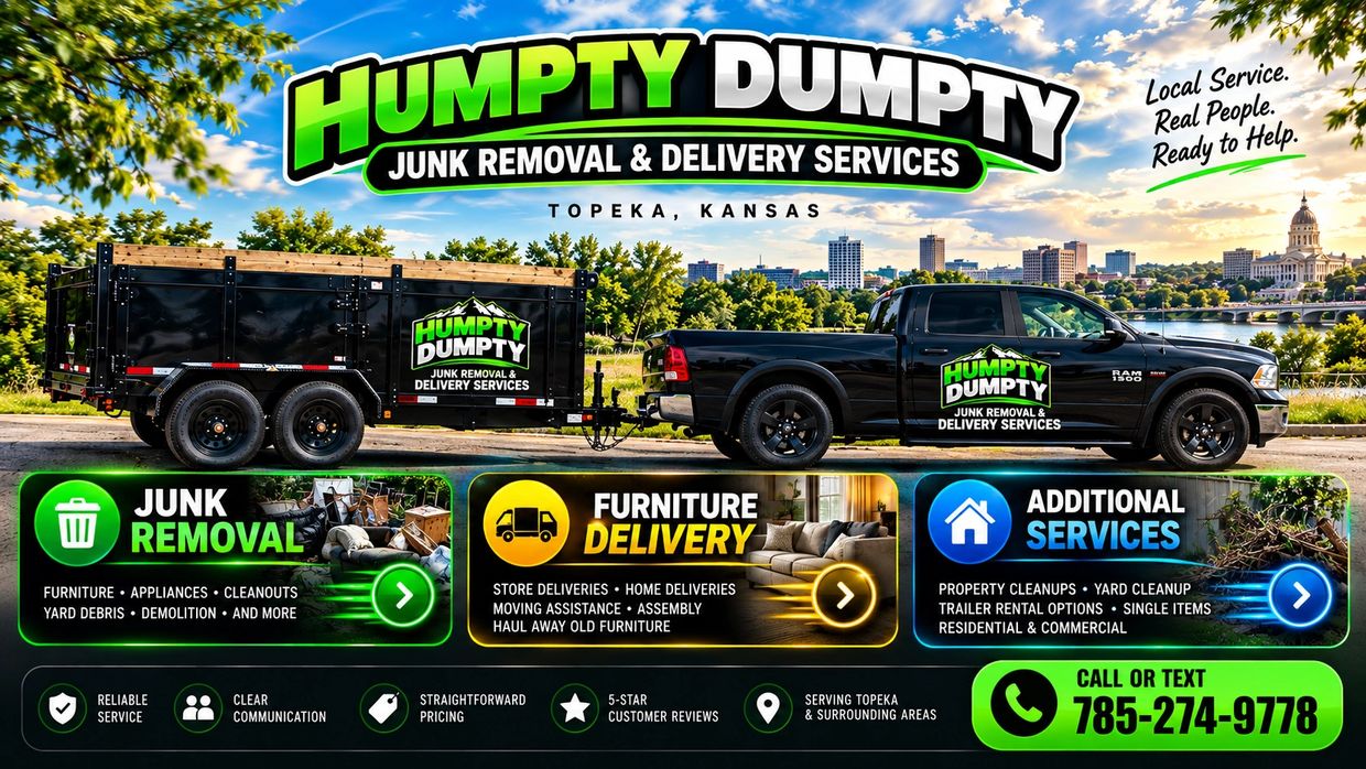 Humpty Dumpty junk removal and furniture delivery truck and trailer in Topeka, Kansas