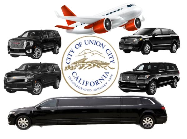 Various black luxury vehicles and an airplane surrounding the City of Union City, California seal.