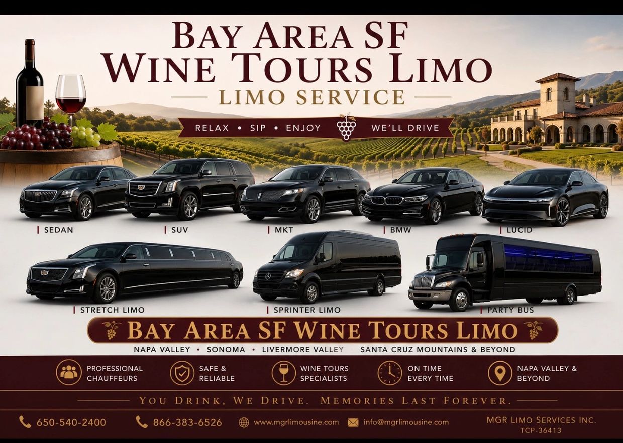 Bay Area SF wine tours limo service with various luxury vehicles and professional chauffeurs.