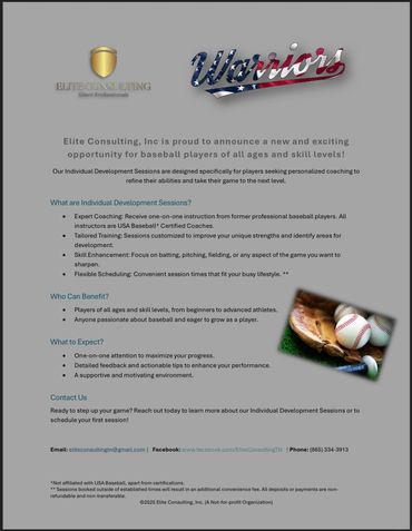 Flyer announcing baseball development sessions by Elite Consulting for players of all skill levels.