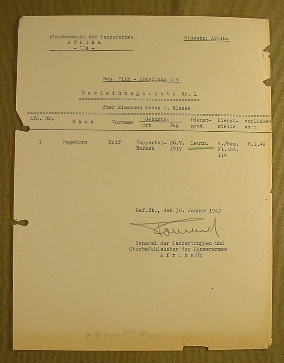 Wwii German Document Signed By Erwin Rommel To Hagedorn Item