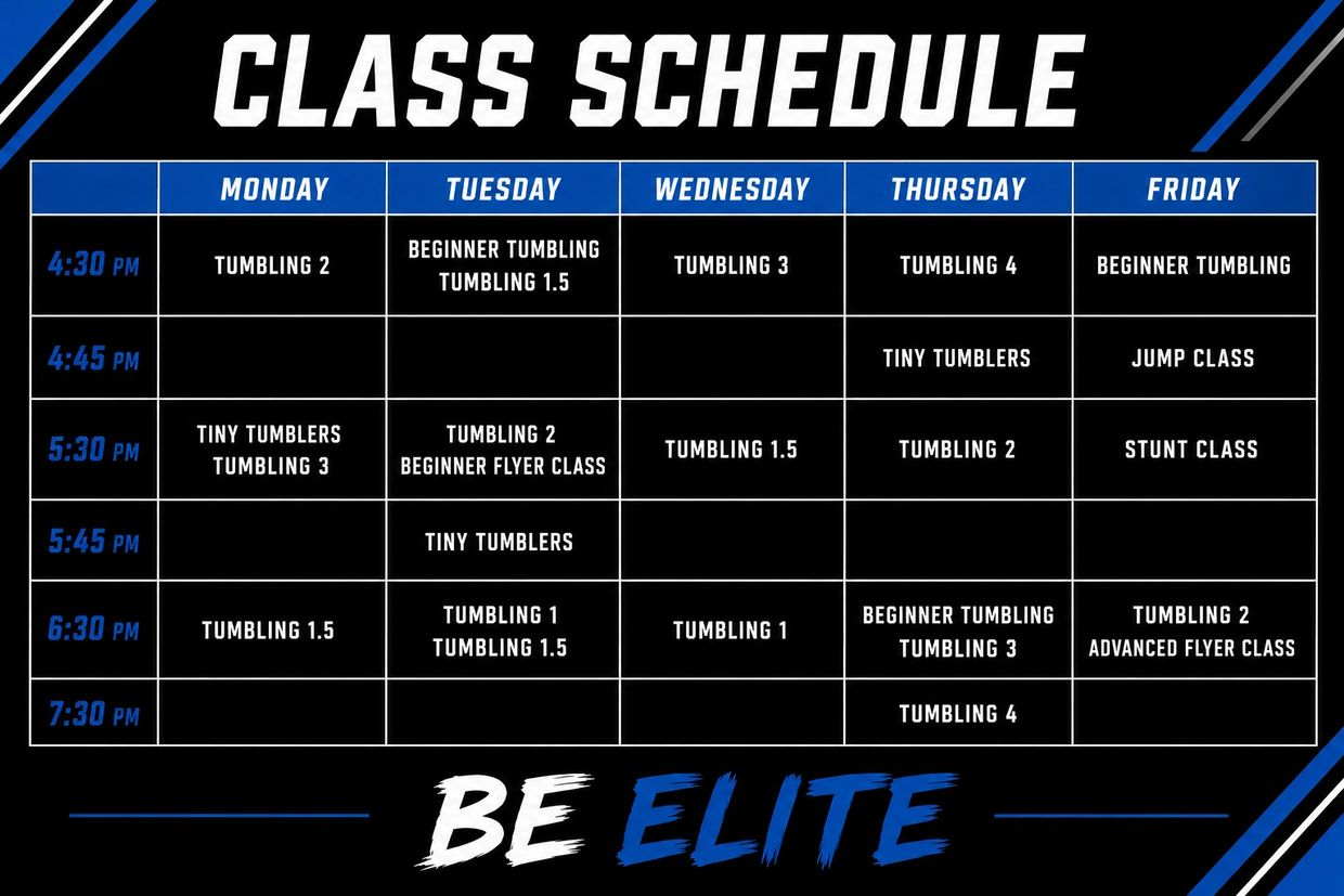 Weekly tumbling and flyer classes schedule from Monday to Friday.