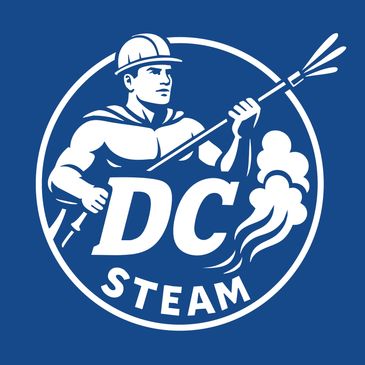 Logo of a strong worker with a steam cleaning tool and the text DC Steam.