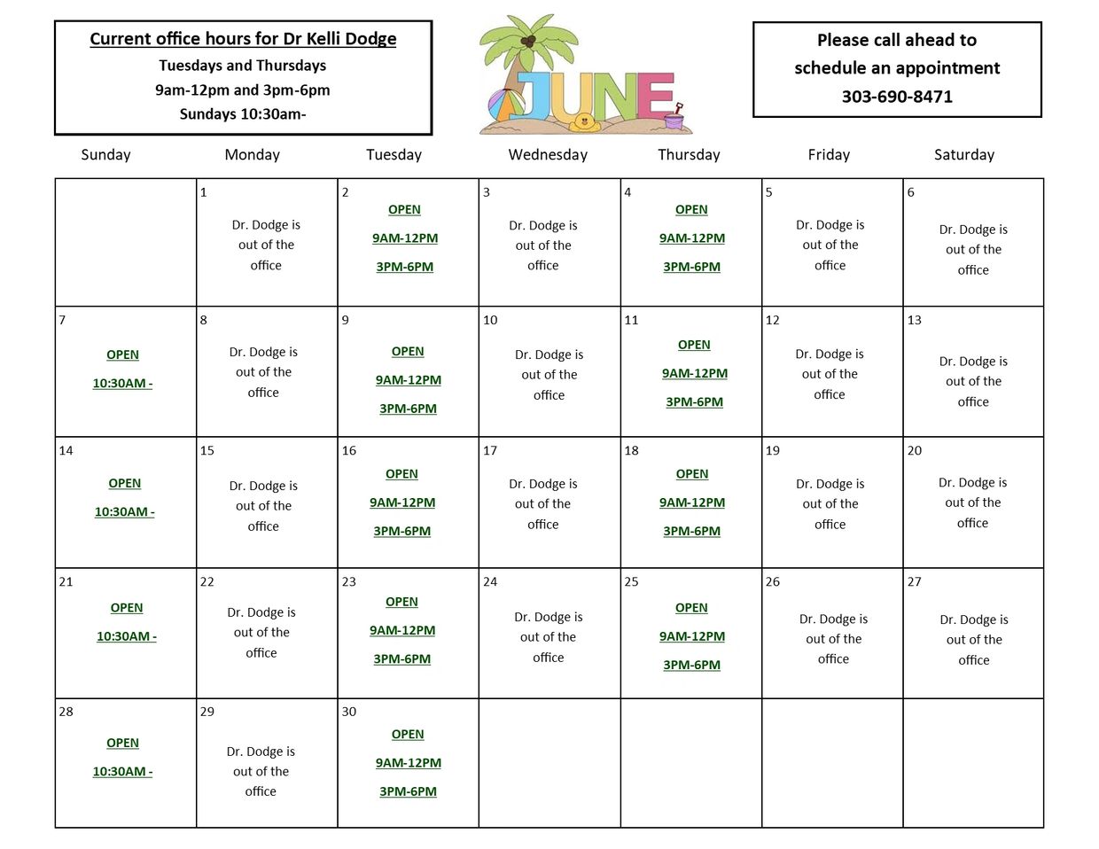 Dr Dodge's office schedule for chiropractic adjustments.