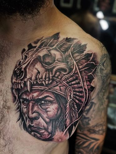 Custom black and grey Native American warrior chest tattoo by Joe at Mayhem Tattoo in Salem, NH