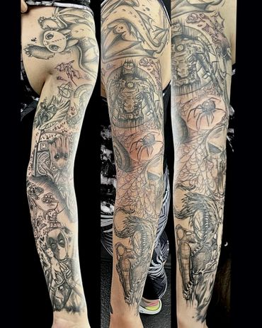 Full sleeve tattoo featuring Marvel and animated characters in detailed black and grey ink.
Free tattoo consultations
Tattoo appointments Available
