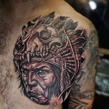 black and grey Indian chief chest tattoo by Joe at Mayhem Tattoo, Salem NH