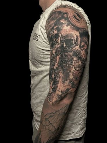 black and grey space inspired tattoo sleeve by Anthony Mayhem Tattoo, Salem NH