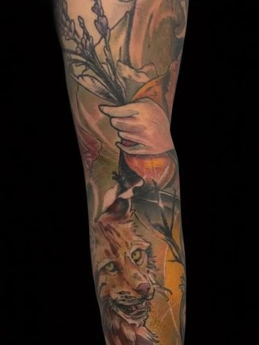 Custom neo-traditional arm sleeve designed and tattooed by Anthony at Mayhem Tattoo, Salem NH