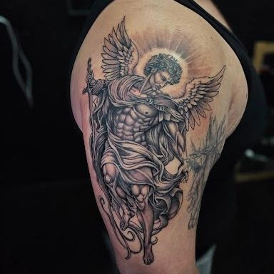Black and Grey Arch Angel Shoulder Tattoo