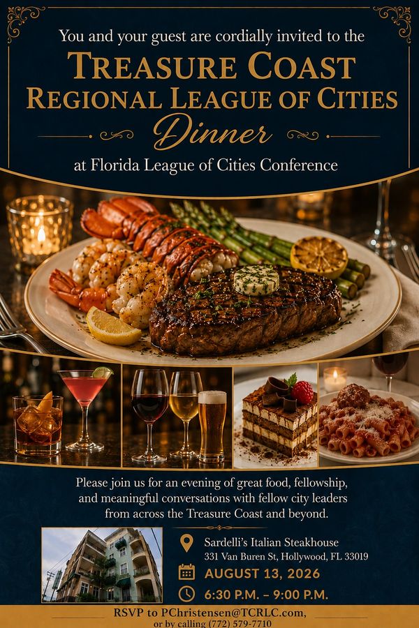 Invitation to Treasure Coast Regional League of Cities Dinner with gourmet food and drinks.